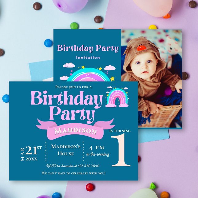 Carte Whimsical Rainbow rose et Turquoise 1er anniversai (Whimsical Rainbow Pink & Teal 1st Birthday Invite)