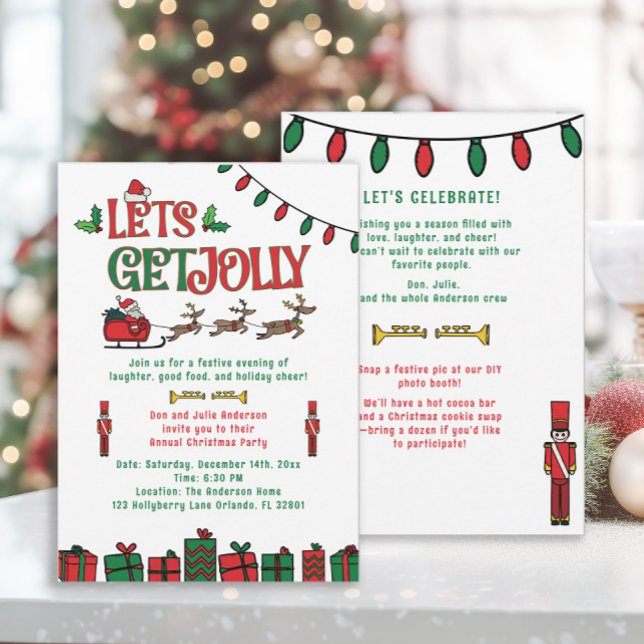 Carte Whimsical Red Green Père Noël Reindee Noël Party (2-sided retro-style Christmas party invitation)