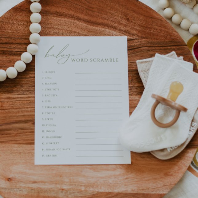 Carte Whimsical Sage Green Baby Word Scramble (Créateur téléchargé)