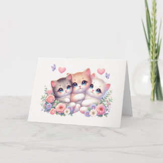 Carte Whimsical Three-Kitten Pastel Floral Blank