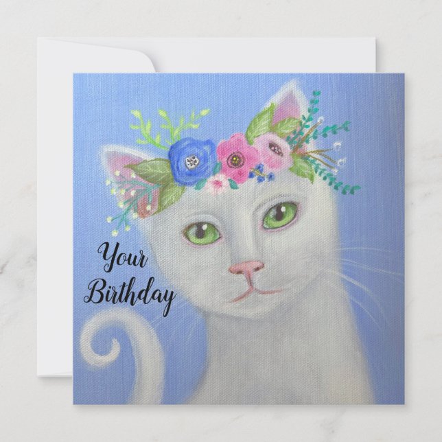 Carte White Cat I Flower Crown Whimsal Art (Devant)