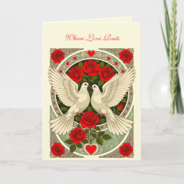 Carte White Doves and Red Roses Art Nouveau