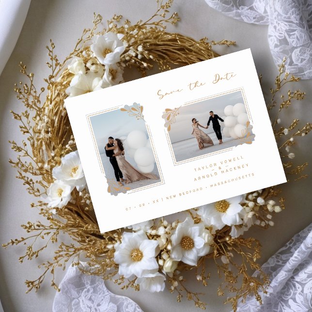Carte White Fancy Golden Minimalist Branches 2 Photos (White Fancy Golden Minimalist Branches 2 Photos Wedding Save the Date Card with Envelope.)