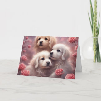 Carte White Puppies Pink Roses Valentines Day