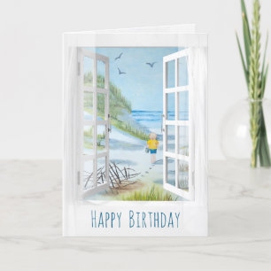 Carte white window and curtain seashore scene birthday