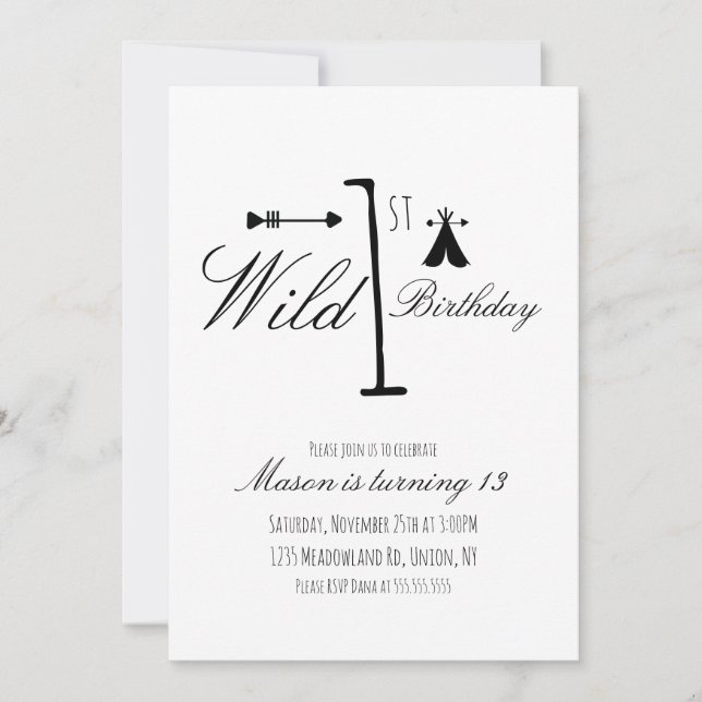 Carte Wild 1er Anniversaire Camp Tribal Noir et Blanc (Devant)