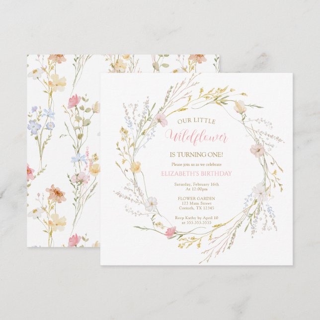 Carte Wildflowers elegant Spring First Birthday (Devant / Derrière)