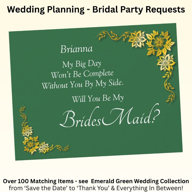 Carte Will You Be My Bridesmaid? Emerald Green & Gold (Créateur téléchargé)