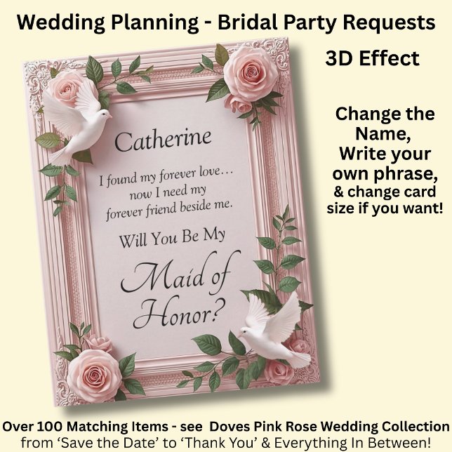 Carte Will You Be My Maid of Honor? Pink Roses & Doves (Créateur téléchargé)