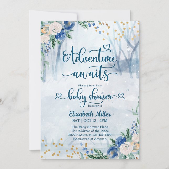 Carte Winter Adventure Await Baby shower d'aquarelle (Devant)