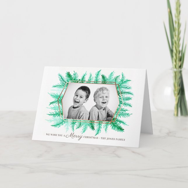 Carte Winter evergreen foliage watercolor green holiday (Devant)