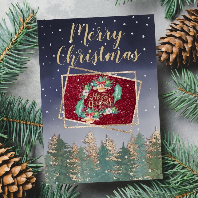 Carte Winter Navy Rouge Aquarelle Neige Arbres Noël (Winter Navy Red Watercolor Snow Trees Christmas Card)