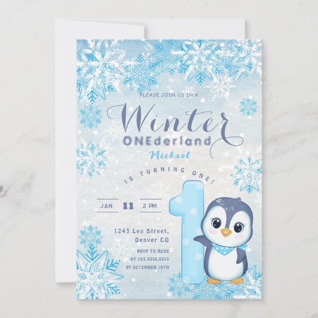Carte Winter Onederland Snowflakes Blue Boy 1er annivers (Devant)