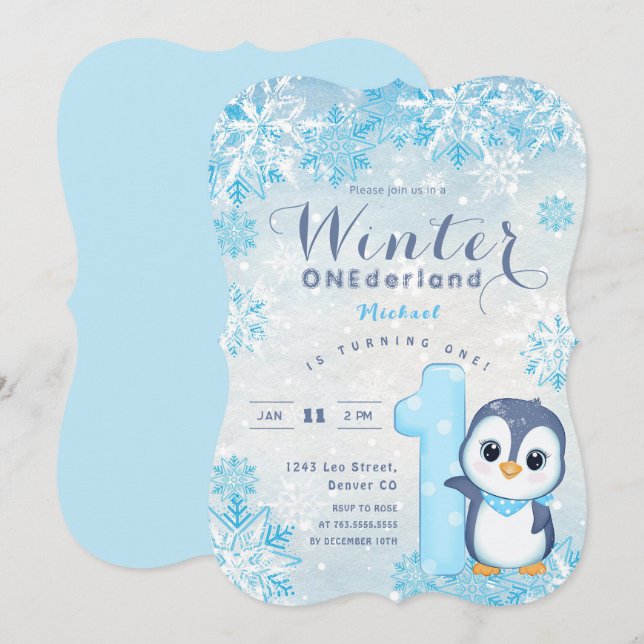Carte Winter Onederland Snowflakes Blue Boy 1er annivers (Devant / Derrière)