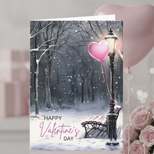 Carte Winter Scene Pink Heart Balloon Valentine's Day (Créateur téléchargé)