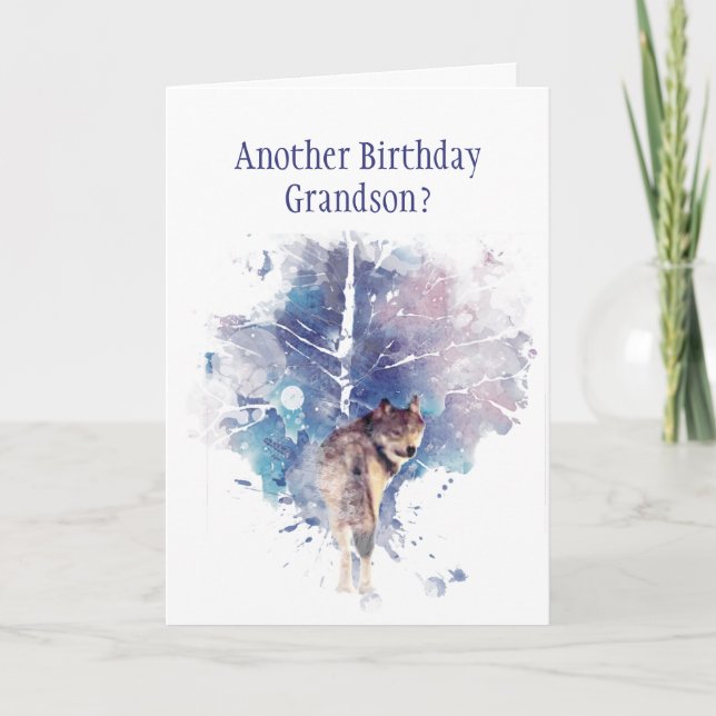 Carte Wolf Aquarelle Grandson Humour d'anniversaire (Devant)