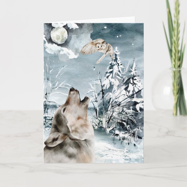 Carte Wolf Moon Paysage hivernal Aquarelle Vacances (Devant)