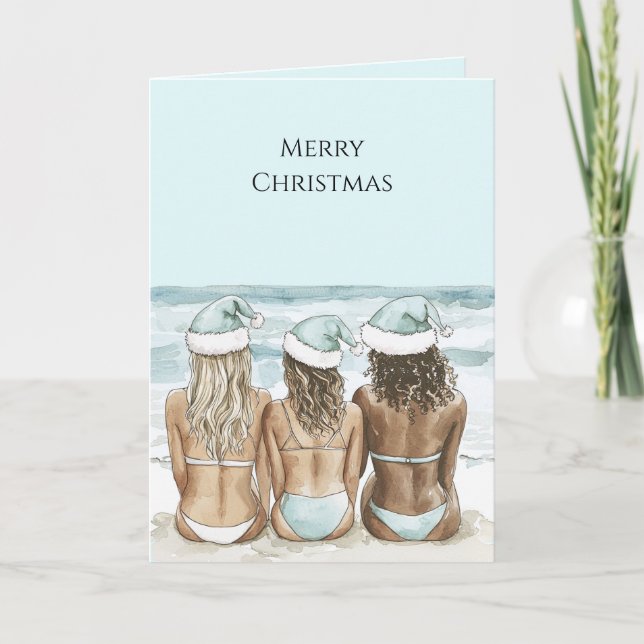 Carte Women in Santa Hats on Beach Christmas (Devant)