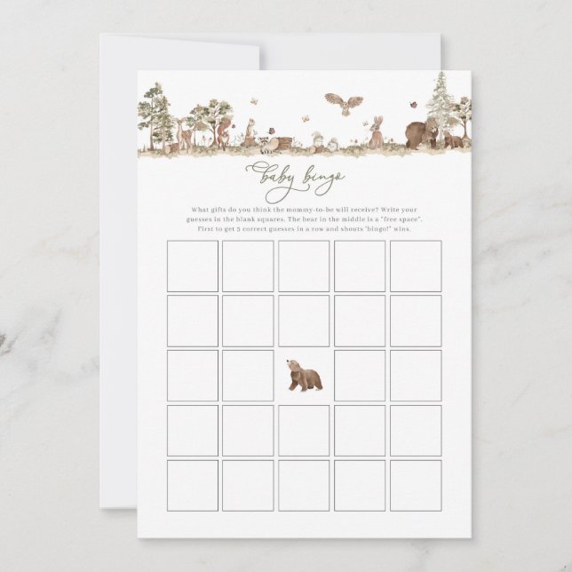 Carte Woodland Baby shower Baby Bingo Jeu (Devant)