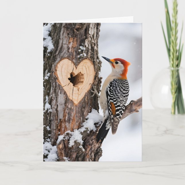 Carte Woodpecker Beside Heart-Shaped Tree Hole (Devant)