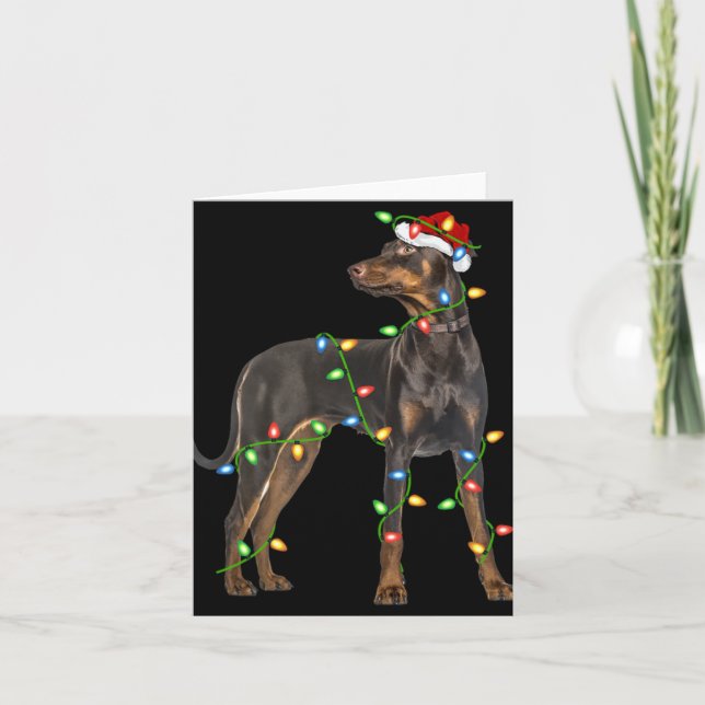 Carte Xmas Lights Santa Hat Doberman Nscher Dog Christ  (Devant)