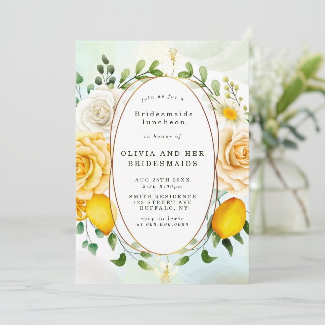 Carte Yellow Roses Lemons Bridesmaids Luncheon Invitatio (Debout devant)