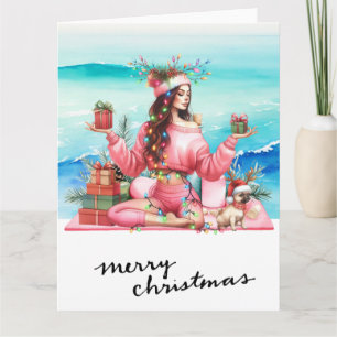 Carte Yoga Woman with Gift at Beach thème de Noël