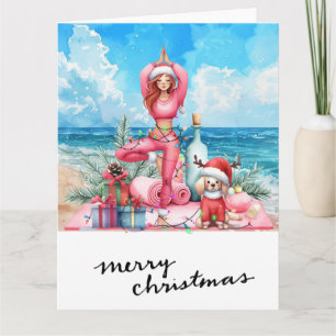 Carte Yoga Woman with Gift at Beach thème de Noël