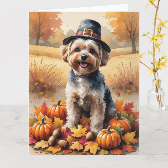 Carte Yorkipoo À L'Automne Laisse L'Art Thanksgiving (Fleur jaune)