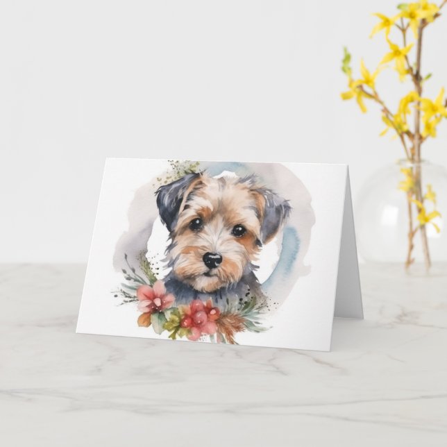 Carte Yorkipoo Noël Wreath Festive Pup (Fleur jaune)