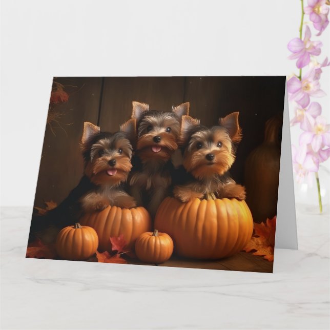 Carte Yorkshire Terrier Chiot Automne Citrouille délice (Orchidée)