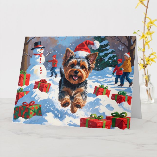 Carte Yorkshire Terrier en neige avec Casquette de Noël (Fleur jaune)