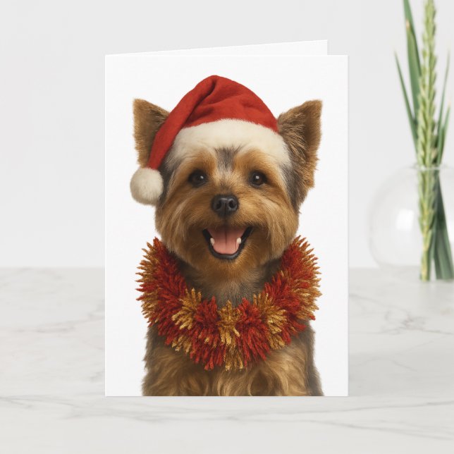 Carte Yorkshire Terrier in a Santa hat Christmas card (Devant)