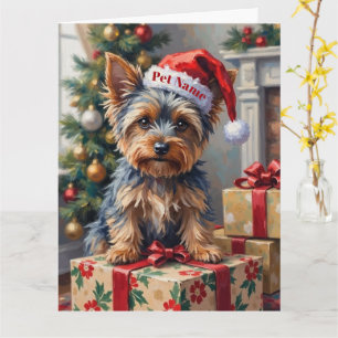 Carte Yorkshire Terrier sur des cadeaux avec un chapeau