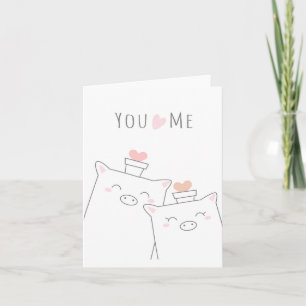 Carte You and Me Cute Pig Pink Heart Love Greeting Card