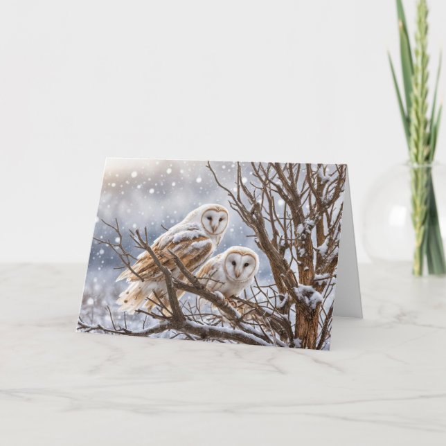 Carte Yule solstice d'hiver avec des hiboux dans la neig (Devant)