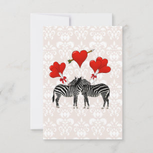 Carte Zèbres et coeurs sur damas rose