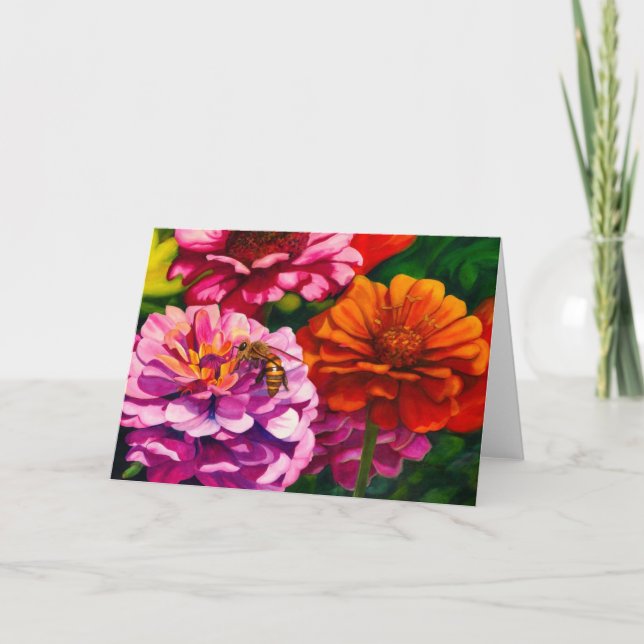Carte Zinnias avec abeille ouvrière c (Devant)