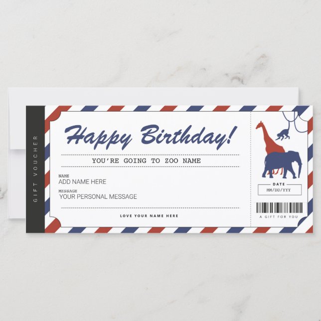 Carte Zoo Billet cadeau d'anniversaire Certificat (Devant)