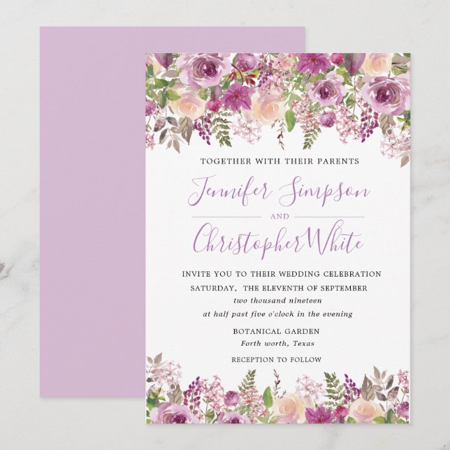 Cartes à Faire-part de mariage florales à l'aquare (Devant / Derrière)