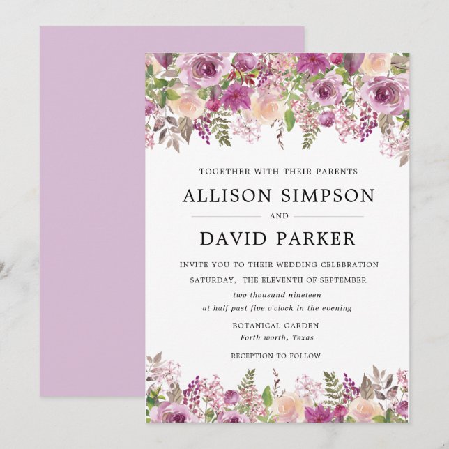 Cartes à Faire-part de mariage florales violet aqu (Devant / Derrière)