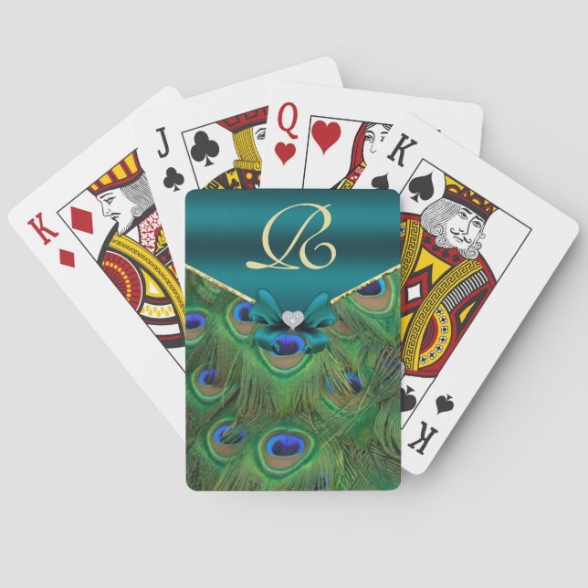 Cartes à jouer monogramme paon sarcelle (dos)