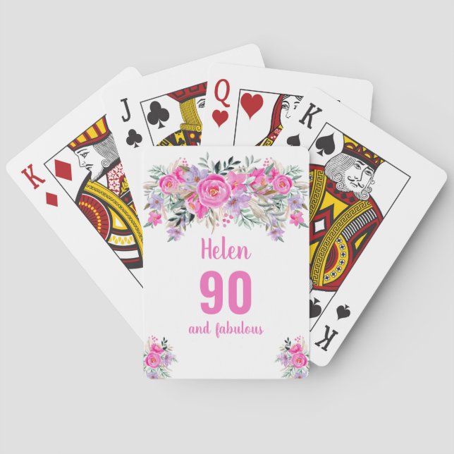 Cartes à jouer rose floral 90e anniversaire (dos)