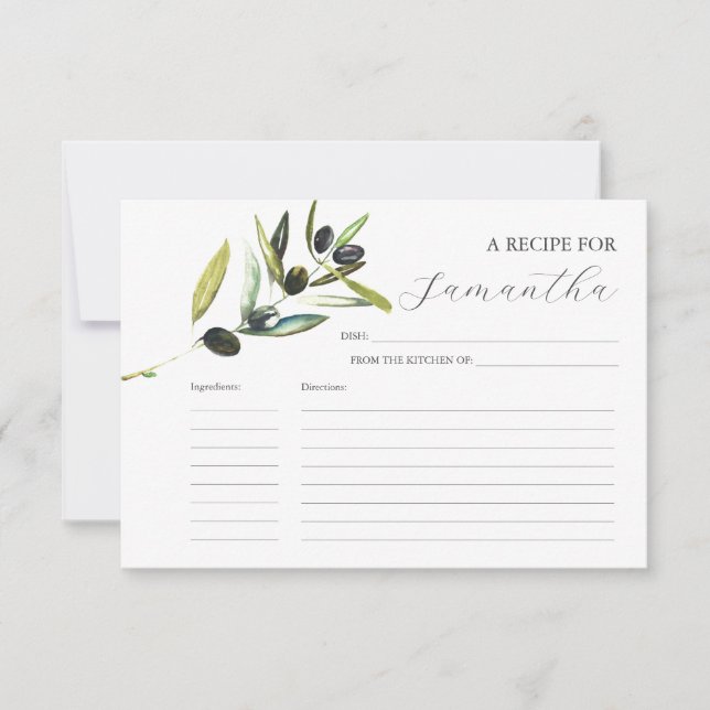 Cartes à recettes imprimables Watercolor Olive Bra (Devant)
