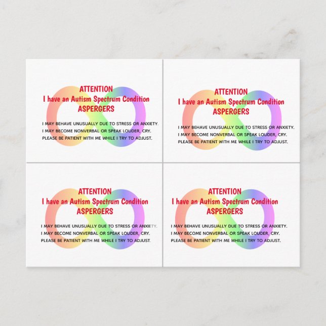 Cartes ALERTE AUTISM personnalisables x 4 par cart (Devant)