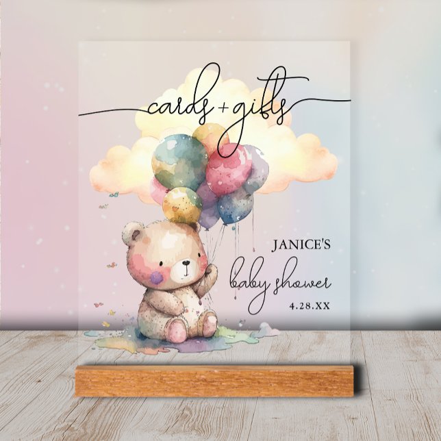 Cartes Baby showers d'ours + Cadeaux (Bear Baby Shower Cards + Gifts Tabletop Acrylic Sign)