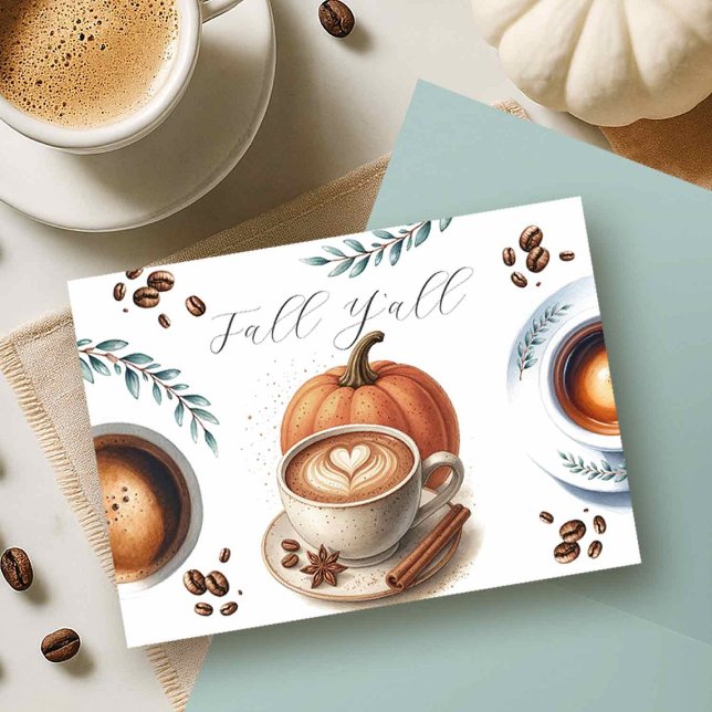 Cartes d'action de grâce citrouille (flat lay of a pumpkin spice fall y'all thanksgiving thank you card featuring pumpkin & coffee latte)
