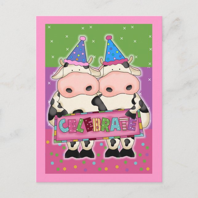 Cartes d'anniversaire de la vache et timbres d'éta (Devant)