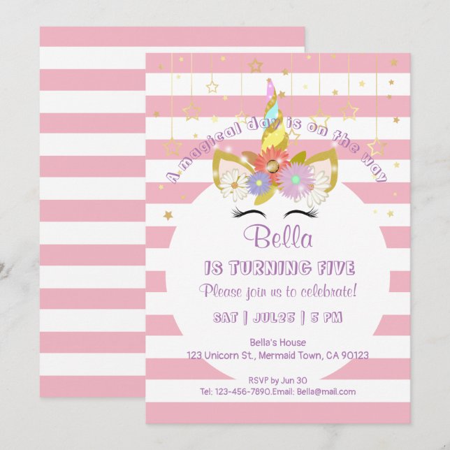 Cartes d'anniversaire rose et or Unicorne (Devant / Derrière)