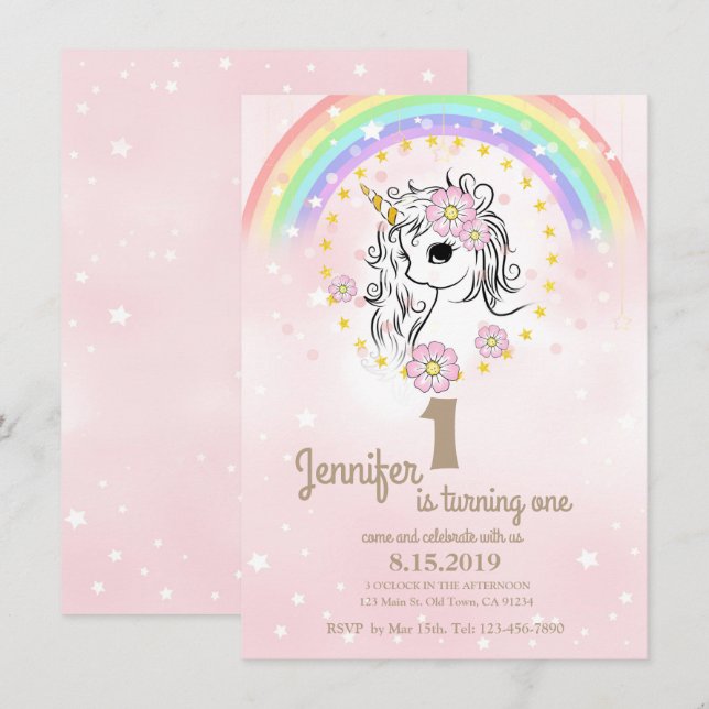 Cartes d'Anniversaire Rose Unicorn RainBow (Devant / Derrière)